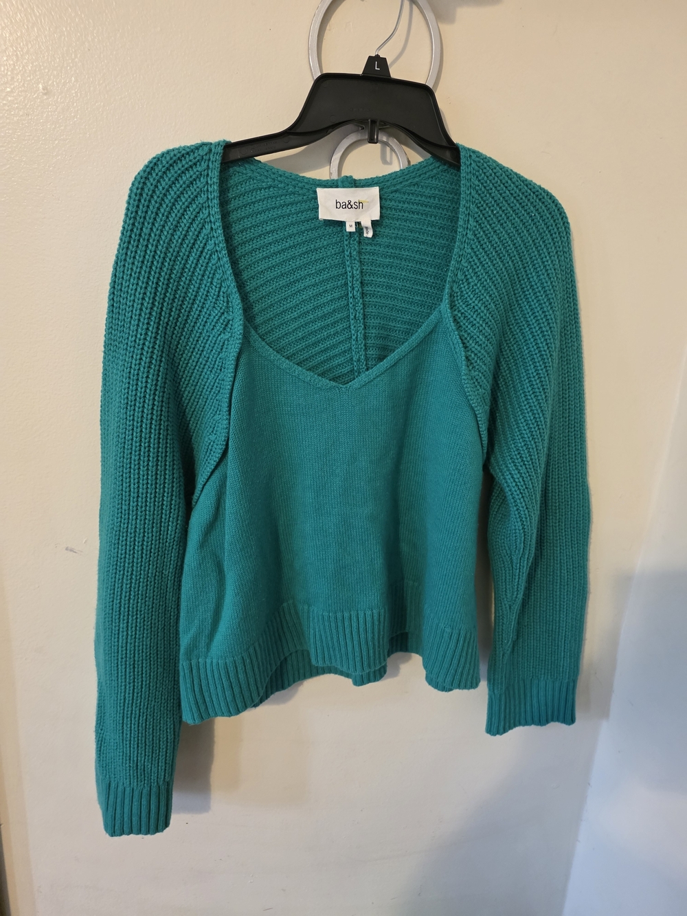 ba&sh Teal V-Neck Ribbed Sleeve Sweater